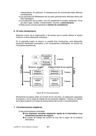 independiente. En particular, la infraestructura de conectividad debe definirse 
correctamente. 
 Los productos de Middleware han de estar perfectamente definidos dentro del 
Plan Estratégico. 
 La localización de los datos, una vez establecido el modelo distribuido, ha de 
ser clara: lugar, modelo, mantenimiento, volumen y administración. 
 Debe prever concienzudamente el diseño de consistencia. 
6. El ciclo introductorio. 
Depende mucho de la organización y del tiempo que le puede dedicar el equipo 
inicial (si no tiene dedicación exclusiva). 
En el siguiente cuadro le resumo un posible ciclo introductorio, para desarrollar 
proyectos distribuidos avanzados y con componentes reutilizables, en función de 
mis propias experiencias. 
Formación 
inicial 
Proyecto 
tutorizado 
150h 
6 meses 
@EMG/10 - Enric Martínez Gomàriz 207 
6 meses 
150h 
Primers 
projectes 
Creación de 
equipos 
- 
Primeros 
componentes 
6 meses 
1,5 años 
Primeros 
proyectos 
Creación de 
equipos 
- 
Primeros 
componentes 
3 meses 
3 meses 
1 año 
Recursos propios Contractación de un experto 
Figura 96. El ciclo Introductorio 
Obviamente los plazos están en función de los recursos y la dedicación asignados 
al proyecto y de la carga de trabajo de los proyectos elegidos. Tómese los valores 
de la figura superior con todas las precauciones del mundo y orientativamente. 
7. Consideraciones subjetivas. 
 Hay dinamizadores imparables: 
} Las empresas necesitan adaptación rápida de la informática a sus 
cambiantes procesos de negocio. 
} El puesto de trabajo del usuario es hoy día el origen de la iniciativa 
informática. 
 