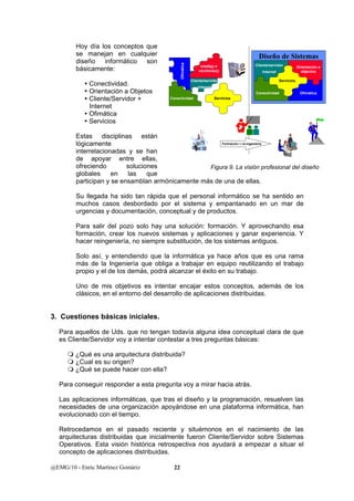 Hoy día los conceptos que 
se manejan en cualquier 
diseño informático son 
básicamente: 
Orientación 
a Objetos 
Cliente/servidor Servicios 
Ofimàtica 
y Conectividad. 
y Orientación a Objetos 
y Cliente/Servidor + 
Internet 
y Ofimática 
y Servicios 
Estas disciplinas están 
lógicamente 
interrelacionadas y se han 
de apoyar entre ellas, 
ofreciendo soluciones 
globales en las que 
participan y se ensamblan armónicamente más de una de ellas. 
Su llegada ha sido tan rápida que el personal informático se ha sentido en 
muchos casos desbordado por el sistema y empantanado en un mar de 
urgencias y documentación, conceptual y de productos. 
Para salir del pozo solo hay una solución: formación. Y aprovechando esa 
formación, crear los nuevos sistemas y aplicaciones y ganar experiencia. Y 
hacer reingeniería, no siempre substitución, de los sistemas antiguos. 
Solo así, y entendiendo que la informática ya hace años que es una rama 
más de la Ingeniería que obliga a trabajar en equipo reutilizando el trabajo 
propio y el de los demás, podrá alcanzar el éxito en su trabajo. 
Uno de mis objetivos es intentar encajar estos conceptos, además de los 
clásicos, en el entorno del desarrollo de aplicaciones distribuidas. 
3. Cuestiones básicas iniciales. 
Para aquellos de Uds. que no tengan todavía alguna idea conceptual clara de que 
es Cliente/Servidor voy a intentar contestar a tres preguntas básicas: 
 ¿Qué es una arquitectura distribuida? 
 ¿Cual es su origen? 
 ¿Qué se puede hacer con ella? 
Para conseguir responder a esta pregunta voy a mirar hacia atrás. 
Las aplicaciones informáticas, que tras el diseño y la programación, resuelven las 
necesidades de una organización apoyándose en una plataforma informática, han 
evolucionado con el tiempo. 
Retrocedamos en el pasado reciente y situémonos en el nacimiento de las 
arquitecturas distribuidas que inicialmente fueron Cliente/Servidor sobre Sistemas 
Operativos. Esta visión histórica retrospectiva nos ayudará a empezar a situar el 
concepto de aplicaciones distribuidas. 
@EMG/10 - Enric Martínez Gomàriz 22 
Diseño de Sistemas 
Cliente/servidor 
Internet 
Orientación a 
objectos 
Conectividad Ofimática 
Internet 
Conectividad 
Servicios 
Formación + re-ingeniería 
Figura 9. La visión profesional del diseño 
 