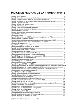 INDICE DE FIGURAS DE LA PRIMERA PARTE 
Figura 1. La doble visión................................................................................................... 4 
Figura 2. Elementos de un sistema Distribuido ................................................................ 5 
Figura 3. Arquitectura para organizar los procesos de negocio. ...................................... 8 
Figura 4. La relación de las perspectivas de la Arquitectura de Empresa...................... 10 
Figura 5. Arquitectura Batch ........................................................................................... 12 
Figura 6. Arquitectura Trafnsaccional............................................................................. 14 
Figura 7. El lío funcional ................................................................................................. 17 
Figura 8. El lío de la arquitectura del sistema................................................................. 21 
Figura 9. La visión profesional del diseño ...................................................................... 22 
Figura 10. La ficha evolutiva........................................................................................... 23 
Figura 11. Los primeros ordenadores comerciales. ....................................................... 24 
Figura 12. Los Mainframe............................................................................................... 24 
Figura 13. Los Minis. ...................................................................................................... 25 
Figura 14. Los Minis y los HOST en coexistencia. Aparecen los PC's........................... 26 
Figura 15. Redes y entornos gráficos............................................................................. 27 
Figura 16. Necesidad de acceso a los datos corporativos desde un HOST. ................. 27 
Figura 17. Aparición de las Web’s y consolidación de Internet. ..................................... 29 
Figura 18. Servicios WEB............................................................................................... 30 
Figura 19. Concepto de especialización......................................................................... 31 
Figura 20. Registro de los datos de un cliente ............................................................... 32 
Figura 21. Arquitectura de servidores............................................................................. 32 
Figura 22. Servidor de acceso a clientes........................................................................ 32 
Figura 23. Esquema de niveles. ..................................................................................... 41 
Figura 24. Imagen ideal del Sistema Distribuido ............................................................ 46 
Figura 25. La visión del sistema a través del Middleware .............................................. 48 
Figura 26. Esquema de bloques de una aplicación C/S............................................... 49 
Figura 27. Esquema de niveles ampliado....................................................................... 49 
Figura 28. Componentes de una red.............................................................................. 59 
Figura 29. Esquema de un Clúster ................................................................................. 61 
Figura 30. Infraestructura del Middleware ...................................................................... 70 
Figura 31. Origen del NOS y del DSM............................................................................ 71 
Figura 32. Relación entre las arquitecturas lógica y física de una plataforma distribuida.74 
Figura 33. Mecanismo de transferencia Internet WEB. .................................................. 81 
Figura 34. Comunicación entre un cliente y un Servicio a través de la WEB................. 82 
Figura 35. Internet como transportista C/S..................................................................... 84 
Figura 36. Servidor Cliente WEB.................................................................................... 85 
Figura 37. Arquitectura de una oficina bancaria............................................................. 91 
Figura 38. Los servidores de la primera generación. ..................................................... 92 
Figura 39. Aparición del Middleware .............................................................................. 93 
Figura 40. Arquitectura funcional de un Servicio WEB................................................. 100 
Figura 41. Arquitectura tecnológica de un Servicio WEB ............................................. 101 
Figura 42. Ciclo de vida en Cascada............................................................................ 104 
Figura 43. Áreas temáticas de formación para diseñar sistemas distribuidos.............. 105 
Figura 44. Áreas de la formación básica ...................................................................... 106 
Figura 45. Área temática de diseño.............................................................................. 107 
Figura 46. Área de Implementación e Integración........................................................ 108 
Figura 47. Área de Programación................................................................................. 109 
Figura 48. Alianza C/S - OO. ........................................................................................ 112 
Figura 49. Gestión de un Workflow documental........................................................... 118 
Figura 50. Representación de un Workflow de proceso............................................... 120 
Figura 51. Ejemplo de Workflow de dades. .................................................................. 123 
@EMG/10 - Enric Martínez Gomáriz 237 
 