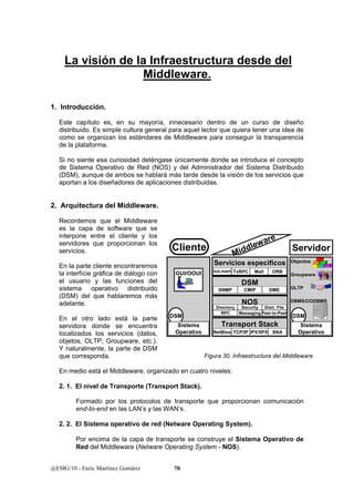 La visión de la Infraestructura desde del 
Middleware. 
1. Introducción. 
Este capítulo es, en su mayoría, innecesario dentro de un curso de diseño 
distribuido. Es simple cultura general para aquel lector que quiera tener una idea de 
como se organizan los estándares de Middleware para conseguir la transparencia 
de la plataforma. 
Si no siente esa curiosidad deténgase únicamente donde se introduce el concepto 
de Sistema Operativo de Red (NOS) y del Administrador del Sistema Distribuido 
(DSM), aunque de ambos se hablará más tarde desde la visión de los servicios que 
aportan a los diseñadores de aplicaciones distribuidas. 
2. Arquitectura del Middleware. 
Recordemos que el Middleware 
es la capa de software que se 
interpone entre el cliente y los 
servidores que proporcionan los 
servicios. 
Cliente 
En la parte cliente encontraremos 
la interfície gráfica de diálogo con 
el usuario y las funciones del 
sistema operativo distribuido 
(DSM) del que hablaremos más 
adelante. 
En el otro lado está la parte 
servidora donde se encuentra 
localizados los servicios (datos, 
objetos, OLTP, Groupware, etc.). 
Y naturalmente, la parte de DSM 
que corresponda. 
En medio está el Middleware, organizado en cuatro niveles: 
2. 1. El nivel de Transporte (Transport Stack). 
SQL/IDAPI TxRPC Mail ORB 
SNMP CMIP DME 
Directory Security Distr. File 
RPC Messaging Peer-to-Peer 
GUI/OOUI 
Formado por los protocolos de transporte que proporcionan comunicación 
end-to-end en las LAN’s y las WAN’s. 
2. 2. El Sistema operativo de red (Netware Operating System). 
Por encima de la capa de transporte se construye el Sistema Operativo de 
Red del Middleware (Netware Operating System - NOS). 
@EMG/10 - Enric Martínez Gomàriz 70 
Middleware 
Servidor 
Servicios especificos 
DSM 
NOS 
Transport Stack 
NetBios TCP/IP IPX/SPX SNA 
Objectos 
Groupware 
OLTP 
DBMS/OODBMS 
DSM 
Sistema 
Operativo 
DSM 
Sistema 
Operativo 
Figura 30. Infraestructura del Middleware 
 