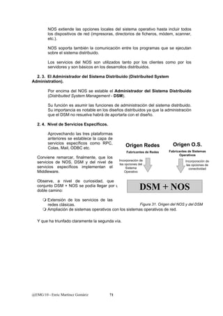 NOS extiende las opciones locales del sistema operativo hasta incluir todos 
los dispositivos de red (impresoras, directorios de ficheros, módem, scanner, 
etc.). 
NOS soporta también la comunicación entre los programas que se ejecutan 
sobre el sistema distribuido. 
Los servicios del NOS son utilizados tanto por los clientes como por los 
servidores y son básicos en los desarrollos distribuidos. 
2. 3. El Administrador del Sistema Distribuido (Distribuited System 
Administration). 
Por encima del NOS se estable el Administrador del Sistema Distribuido 
(Distribuited System Management - DSM). 
Su función es asumir las funciones de administración del sistema distribuido. 
Su importancia es notable en los diseños distribuidos ya que la administración 
que el DSM no resuelva habrá de aportarla con el diseño. 
2. 4. Nivel de Servicios Específicos. 
Aprovechando las tres plataformas 
anteriores se establece la capa de 
servicios específicos como RPC, 
Colas, Mail, ODBC etc. 
Conviene remarcar, finalmente, que los 
servicios de NOS, DSM y del nivel de 
servicios específicos implementan el 
Middleware. 
Observe, a nivel de curiosidad, que al 
conjunto DSM + NOS se podía llegar por un 
doble camino: 
 Extensión de los servicios de las 
redes clásicas. 
 Ampliación de sistemas operativos con los sistemas operativos de red. 
Y que ha triunfado claramente la segunda vía. 
@EMG/10 - Enric Martínez Gomàriz 71 
Origen Redes 
Fabricantes de Redes 
Origen O.S. 
Fabricantes de Sistemas 
Operativos 
Incorporación de 
lss opciones del 
Sistema 
Operativo 
Incorporación de 
las opciones de 
conectividad 
DSM + NOS 
Figura 31. Origen del NOS y del DSM 
 