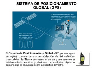 SISTEMA DE POSICIONAMIENTO
               GLOBAL (GPS)




El Sistema de Posicionamiento Global (GPS por sus siglas
en inglés), consiste de una constelación de 24 satélites
que orbitan la Tierra dos veces en un día y que permiten el
establecimiento estático y dinámico de cualquier objeto o
persona que se encuentre sobre la superficie terrestre.
 