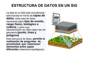 ESTRUCTURA DE DATOS EN UN SIG
La data en un SIG esta normalmente
estructurada en forma de capas de
datos, cada capa de datos
representa algún tipo de evento,
rasgo físico, biológico o
cultural, y para cuya
representación se utiliza algún tipo de
geometría (punto, línea y
polígono)
Esta estructura de datos, permite la
realización de preguntas de
proximidad, que 'relacionen'
elementos entre capas
diferentes (relaciones topológicas).
 