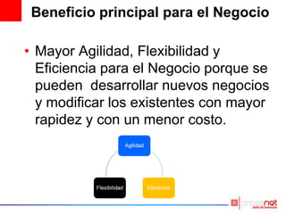 Beneficio principal para el Negocio
• Mayor Agilidad, Flexibilidad y
Eficiencia para el Negocio porque se
pueden desarrollar nuevos negocios
y modificar los existentes con mayor
rapidez y con un menor costo.
 