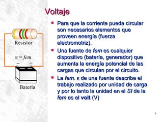 Voltaje  Para que la corriente pueda circular son necesarios elementos que proveen energía (fuerza electromotriz).  Una fuente de  fem  es cualquier dispositivo (batería, generador) que aumenta la energía potencial de las cargas que circulan por el circuito. La  fem .    de una fuente describe el trabajo realizado por unidad de carga y por lo tanto la unidad en el  SI  de la  fem  es el  volt  (V) Batería  +    =  fem Resistor 