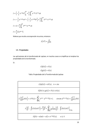Nótese que resulta una expresión recursiva, entonces:




      1.5. Propiedades


Las aplicaciones de la transformada de Laplace, en muchos casos se simplifican al emplear las
propiedades de la transformada.

Si:




                         Tabla: Propiedades de la Transformada de Laplace




                                                                                          19
 