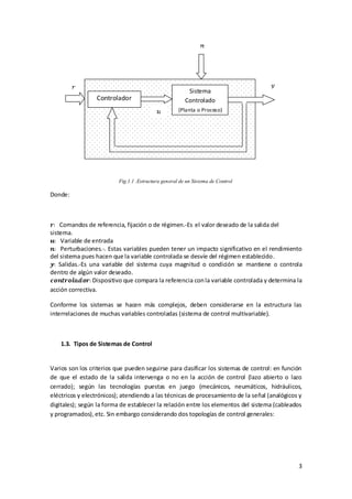 Sistema
                 Controlador                            Controlado
                                                     (Planta o Proceso)




                          Fig.1.1 .Estructura general de un Sistema de Control

Donde:



    Comandos de referencia, fijación o de régimen.-Es el valor deseado de la salida del
sistema.
     Variable de entrada
     Perturbaciones.-. Estas variables pueden tener un impacto significativo en el rendimiento
del sistema pues hacen que la variable controlada se desvíe del régimen establecido.
    Salidas.-Es una variable del sistema cuya magnitud o condición se mantiene o controla
dentro de algún valor deseado.
                 Dispositivo que compara la referencia con la variable controlada y determina la
acción correctiva.

Conforme los sistemas se hacen más complejos, deben considerarse en la estructura las
interrelaciones de muchas variables controladas (sistema de control multivariable).



    1.3. Tipos de Sistemas de Control


Varios son los criterios que pueden seguirse para clasificar los sistemas de control: en función
de que el estado de la salida intervenga o no en la acción de control (lazo abierto o lazo
cerrado); según las tecnologías puestas en juego (mecánicos, neumáticos, hidráulicos,
eléctricos y electrónicos); atendiendo a las técnicas de procesamiento de la señal (analógicos y
digitales); según la forma de establecer la relación entre los elementos del sistema (cableados
y programados), etc. Sin embargo considerando dos topologías de control generales:




                                                                                              3
 
