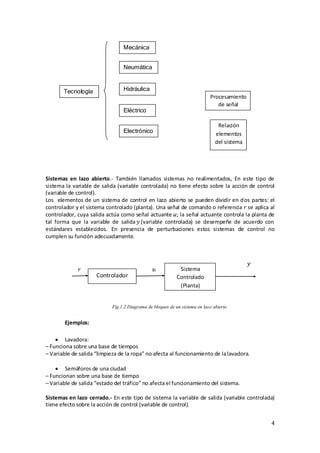 Mecánica


                                 Neumática



       Tecnología                Hidráulica
                                                                            Procesamiento
                                                                               de señal
                                 Eléctrico

                                                                                Relación
                                 Electrónico                                   elementos
                                                                               del sistema




Sistemas en lazo abierto.- También llamados sistemas no realimentados, En este tipo de
sistema la variable de salida (variable controlada) no tiene efecto sobre la acción de control
(variable de control).
Los elementos de un sistema de control en lazo abierto se pueden dividir en d os partes: el
controlador y el sistema controlado (planta). Una señal de comando o referencia se aplica al
controlador, cuya salida actúa como señal actuante ; la señal actuante controla la planta de
tal forma que la variable de salida (variable controlada) se desempeñe de acuerdo con
estándares establecidos. En presencia de perturbaciones estos sistemas de control no
cumplen su función adecuadamente.




                                                             Sistema
                     Controlador                            Controlado
                                                             (Planta)


                            Fig.1.2.Diagrama de bloques de un sistema en lazo abierto


        Ejemplos:

        Lavadora:
– Funciona sobre una base de tiempos
– Variable de salida “limpieza de la ropa” no afecta al funcionamiento de la lavadora.

        Semáforos de una ciudad
– Funcionan sobre una base de tiempo
– Variable de salida “estado del tráfico” no afecta el funcionamiento del sistema.

Sistemas en lazo cerrado.- En este tipo de sistema la variable de salida (variable controlada)
tiene efecto sobre la acción de control (variable de control).


                                                                                             4
 