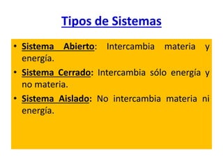 Tipos de Sistemas
• Sistema Abierto: Intercambia materia y
energía.
• Sistema Cerrado: Intercambia sólo energía y
no materia.
• Sistema Aislado: No intercambia materia ni
energía.
 
