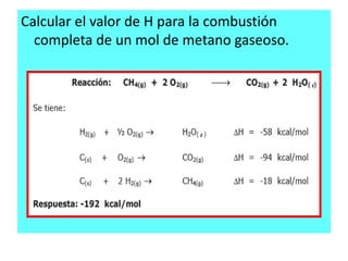 Calcular el valor de H para la combustión
completa de un mol de metano gaseoso.
 