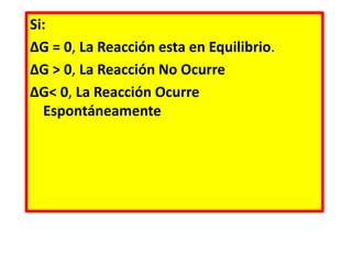 Si:
ΔG = 0, La Reacción esta en Equilibrio.
ΔG > 0, La Reacción No Ocurre
ΔG< 0, La Reacción Ocurre
Espontáneamente
 