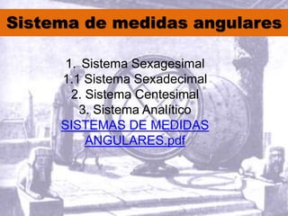 Sistema de medidas angulares
1. Sistema Sexagesimal
1.1 Sistema Sexadecimal
2. Sistema Centesimal
3. Sistema Analítico
SISTEMAS DE MEDIDAS
ANGULARES.pdf
 