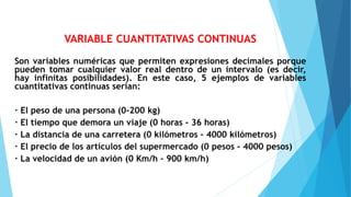 VARIABLE CUANTITATIVAS CONTINUAS
Son variables numéricas que permiten expresiones decimales porque
pueden tomar cualquier valor real dentro de un intervalo (es decir,
hay infinitas posibilidades). En este caso, 5 ejemplos de variables
cuantitativas continuas serían:
· El peso de una persona (0-200 kg)
· El tiempo que demora un viaje (0 horas – 36 horas)
· La distancia de una carretera (0 kilómetros – 4000 kilómetros)
· El precio de los artículos del supermercado (0 pesos – 4000 pesos)
· La velocidad de un avión (0 Km/h – 900 km/h)
 
