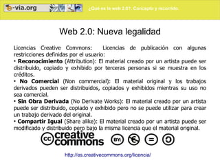 ¿Qué es la web 2.0?. Concepto y recorrido.




                  Web 2.0: Nueva legalidad
Licencias Creative Commons:           Licencias de publicación con algunas
restricciones definidas por el usuario:
●
  Reconocimiento (Attribution): El material creado por un artista puede ser
distribuido, copiado y exhibido por terceras personas si se muestra en los
créditos.
●
   No Comercial (Non commercial): El material original y los trabajos
derivados pueden ser distribuidos, copiados y exhibidos mientras su uso no
sea comercial.
●
  Sin Obra Derivada (No Derivate Works): El material creado por un artista
puede ser distribuido, copiado y exhibido pero no se puede utilizar para crear
un trabajo derivado del original.
●
  Compartir Igual (Share alike): El material creado por un artista puede ser
modificado y distribuido pero bajo la misma licencia que el material original.



                    http://es.creativecommons.org/licencia/
 