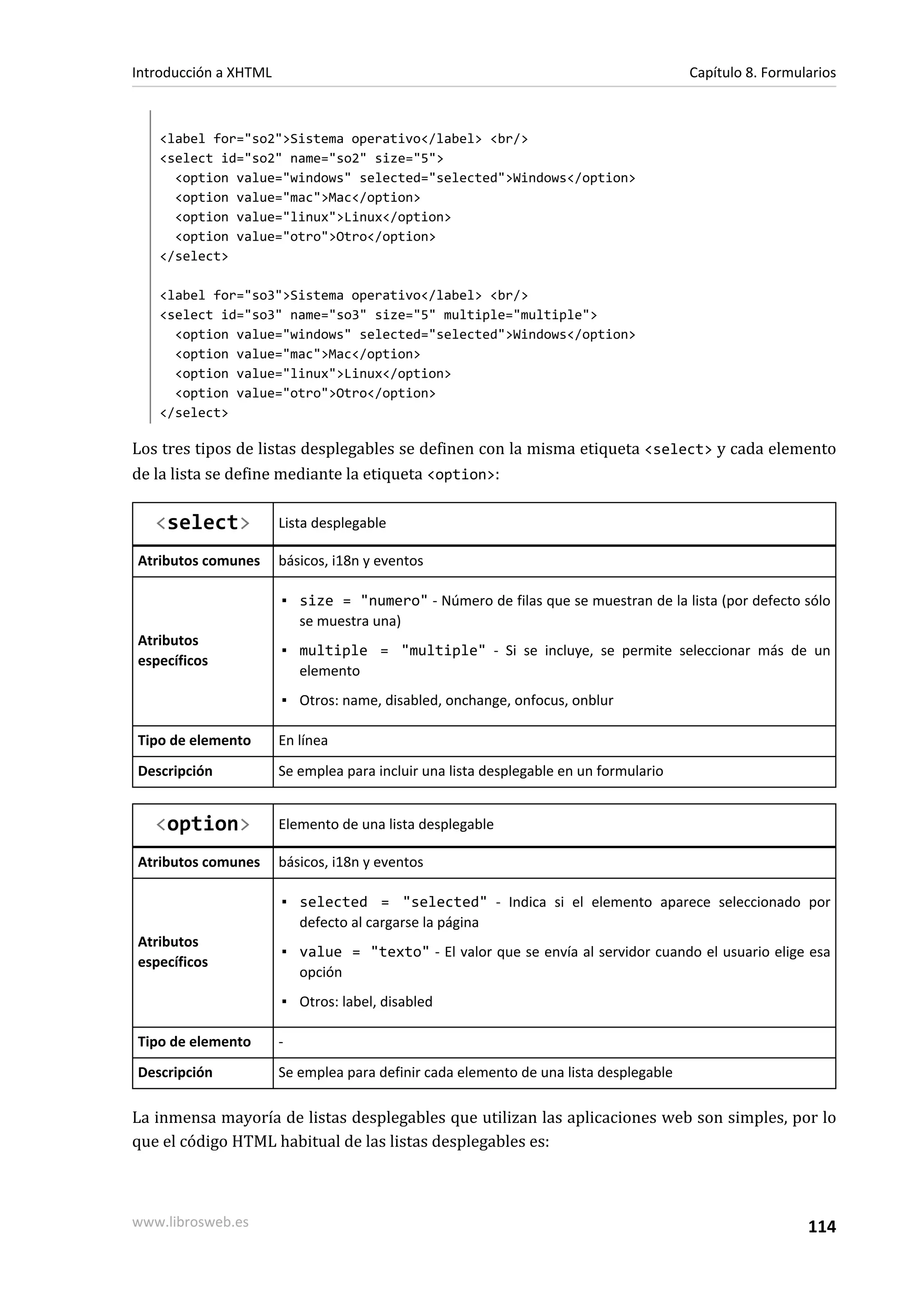 Introducción a XHTML                                                                   Capítulo 8. Formularios



   <label for="so2">Sistema operativo</label> <br/>
   <select id="so2" name="so2" size="5">
     <option value="windows" selected="selected">Windows</option>
     <option value="mac">Mac</option>
     <option value="linux">Linux</option>
     <option value="otro">Otro</option>
   </select>

   <label for="so3">Sistema operativo</label> <br/>
   <select id="so3" name="so3" size="5" multiple="multiple">
     <option value="windows" selected="selected">Windows</option>
     <option value="mac">Mac</option>
     <option value="linux">Linux</option>
     <option value="otro">Otro</option>
   </select>

Los tres tipos de listas desplegables se definen con la misma etiqueta <select> y cada elemento
de la lista se define mediante la etiqueta <option>:

   <select>            Lista desplegable

Atributos comunes      básicos, i18n y eventos

                       ▪ size = "numero" - Número de filas que se muestran de la lista (por defecto sólo
                         se muestra una)
Atributos
                       ▪ multiple = "multiple" - Si se incluye, se permite seleccionar más de un
específicos
                         elemento
                       ▪ Otros: name, disabled, onchange, onfocus, onblur

Tipo de elemento       En línea
Descripción            Se emplea para incluir una lista desplegable en un formulario


   <option>            Elemento de una lista desplegable

Atributos comunes      básicos, i18n y eventos

                       ▪ selected = "selected" - Indica si el elemento aparece seleccionado por
                         defecto al cargarse la página
Atributos
                       ▪ value = "texto" - El valor que se envía al servidor cuando el usuario elige esa
específicos
                         opción
                       ▪ Otros: label, disabled

Tipo de elemento       -
Descripción            Se emplea para definir cada elemento de una lista desplegable

La inmensa mayoría de listas desplegables que utilizan las aplicaciones web son simples, por lo
que el código HTML habitual de las listas desplegables es:



www.librosweb.es                                                                                         114
 