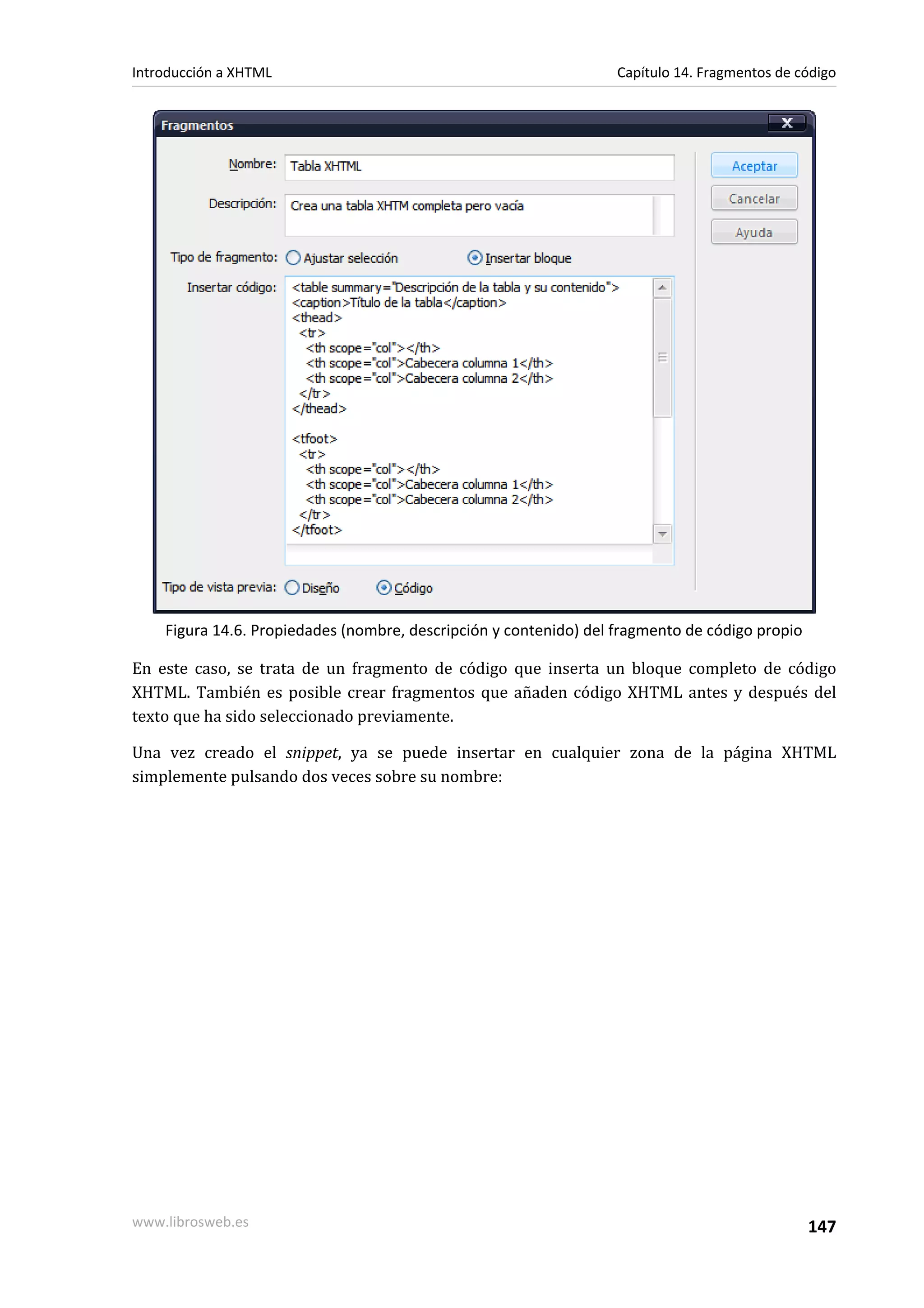 Introducción a XHTML                                               Capítulo 14. Fragmentos de código




    Figura 14.6. Propiedades (nombre, descripción y contenido) del fragmento de código propio

En este caso, se trata de un fragmento de código que inserta un bloque completo de código
XHTML. También es posible crear fragmentos que añaden código XHTML antes y después del
texto que ha sido seleccionado previamente.

Una vez creado el snippet, ya se puede insertar en cualquier zona de la página XHTML
simplemente pulsando dos veces sobre su nombre:




www.librosweb.es                                                                                147
 