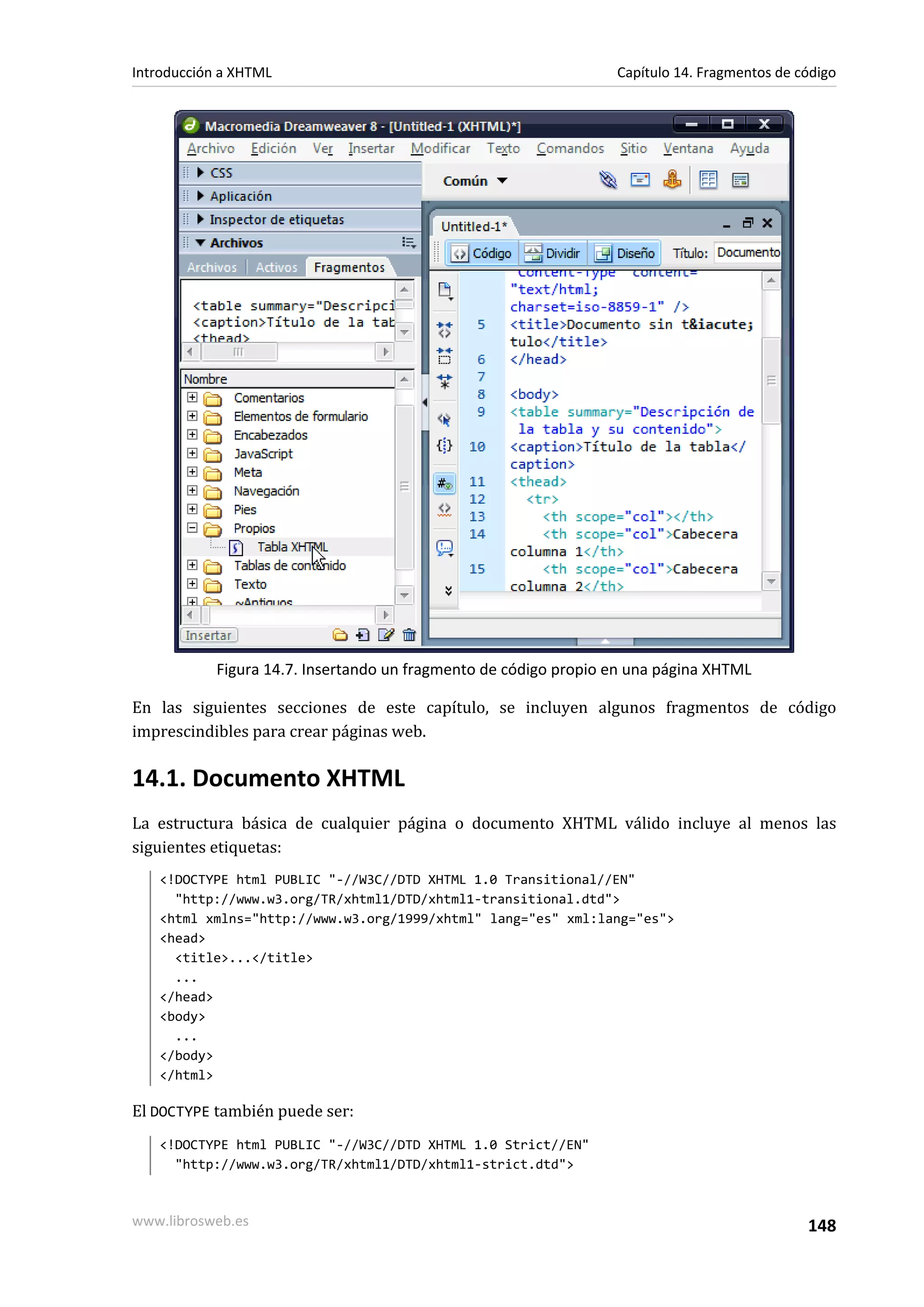 Introducción a XHTML                                              Capítulo 14. Fragmentos de código




            Figura 14.7. Insertando un fragmento de código propio en una página XHTML

En las siguientes secciones de este capítulo, se incluyen algunos fragmentos de código
imprescindibles para crear páginas web.

14.1. Documento XHTML
La estructura básica de cualquier página o documento XHTML válido incluye al menos las
siguientes etiquetas:
   <!DOCTYPE html PUBLIC "-//W3C//DTD XHTML 1.0 Transitional//EN"
     "http://www.w3.org/TR/xhtml1/DTD/xhtml1-transitional.dtd">
   <html xmlns="http://www.w3.org/1999/xhtml" lang="es" xml:lang="es">
   <head>
     <title>...</title>
     ...
   </head>
   <body>
     ...
   </body>
   </html>

El DOCTYPE también puede ser:
   <!DOCTYPE html PUBLIC "-//W3C//DTD XHTML 1.0 Strict//EN"
     "http://www.w3.org/TR/xhtml1/DTD/xhtml1-strict.dtd">



www.librosweb.es                                                                              148
 