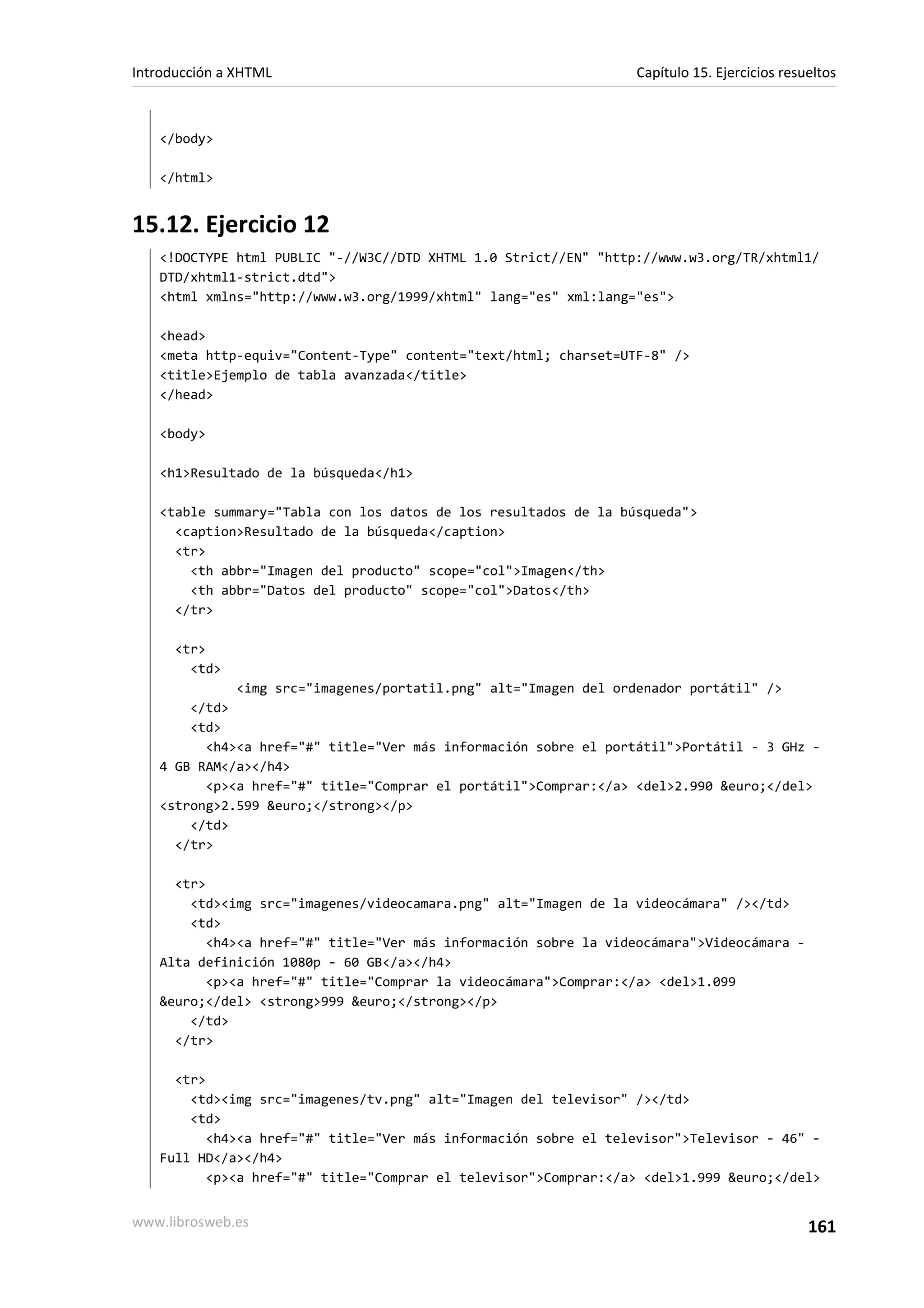 Introducción a XHTML                                             Capítulo 15. Ejercicios resueltos



   </body>

   </html>


15.12. Ejercicio 12
   <!DOCTYPE html PUBLIC "-//W3C//DTD XHTML 1.0 Strict//EN" "http://www.w3.org/TR/xhtml1/
   DTD/xhtml1-strict.dtd">
   <html xmlns="http://www.w3.org/1999/xhtml" lang="es" xml:lang="es">

   <head>
   <meta http-equiv="Content-Type" content="text/html; charset=UTF-8" />
   <title>Ejemplo de tabla avanzada</title>
   </head>

   <body>

   <h1>Resultado de la búsqueda</h1>

   <table summary="Tabla con los datos de los resultados de la búsqueda">
     <caption>Resultado de la búsqueda</caption>
     <tr>
       <th abbr="Imagen del producto" scope="col">Imagen</th>
       <th abbr="Datos del producto" scope="col">Datos</th>
     </tr>

      <tr>
        <td>
             <img src="imagenes/portatil.png" alt="Imagen del ordenador portátil" />
       </td>
       <td>
         <h4><a href="#" title="Ver más información sobre el portátil">Portátil - 3 GHz -
   4 GB RAM</a></h4>
         <p><a href="#" title="Comprar el portátil">Comprar:</a> <del>2.990 &euro;</del>
   <strong>2.599 &euro;</strong></p>
       </td>
     </tr>

     <tr>
       <td><img src="imagenes/videocamara.png" alt="Imagen de la videocámara" /></td>
       <td>
          <h4><a href="#" title="Ver más información sobre la videocámara">Videocámara -
   Alta definición 1080p - 60 GB</a></h4>
          <p><a href="#" title="Comprar la videocámara">Comprar:</a> <del>1.099
   &euro;</del> <strong>999 &euro;</strong></p>
       </td>
     </tr>

     <tr>
       <td><img src="imagenes/tv.png" alt="Imagen del televisor" /></td>
       <td>
          <h4><a href="#" title="Ver más información sobre el televisor">Televisor - 46" -
   Full HD</a></h4>
          <p><a href="#" title="Comprar el televisor">Comprar:</a> <del>1.999 &euro;</del>


www.librosweb.es                                                                             161
 