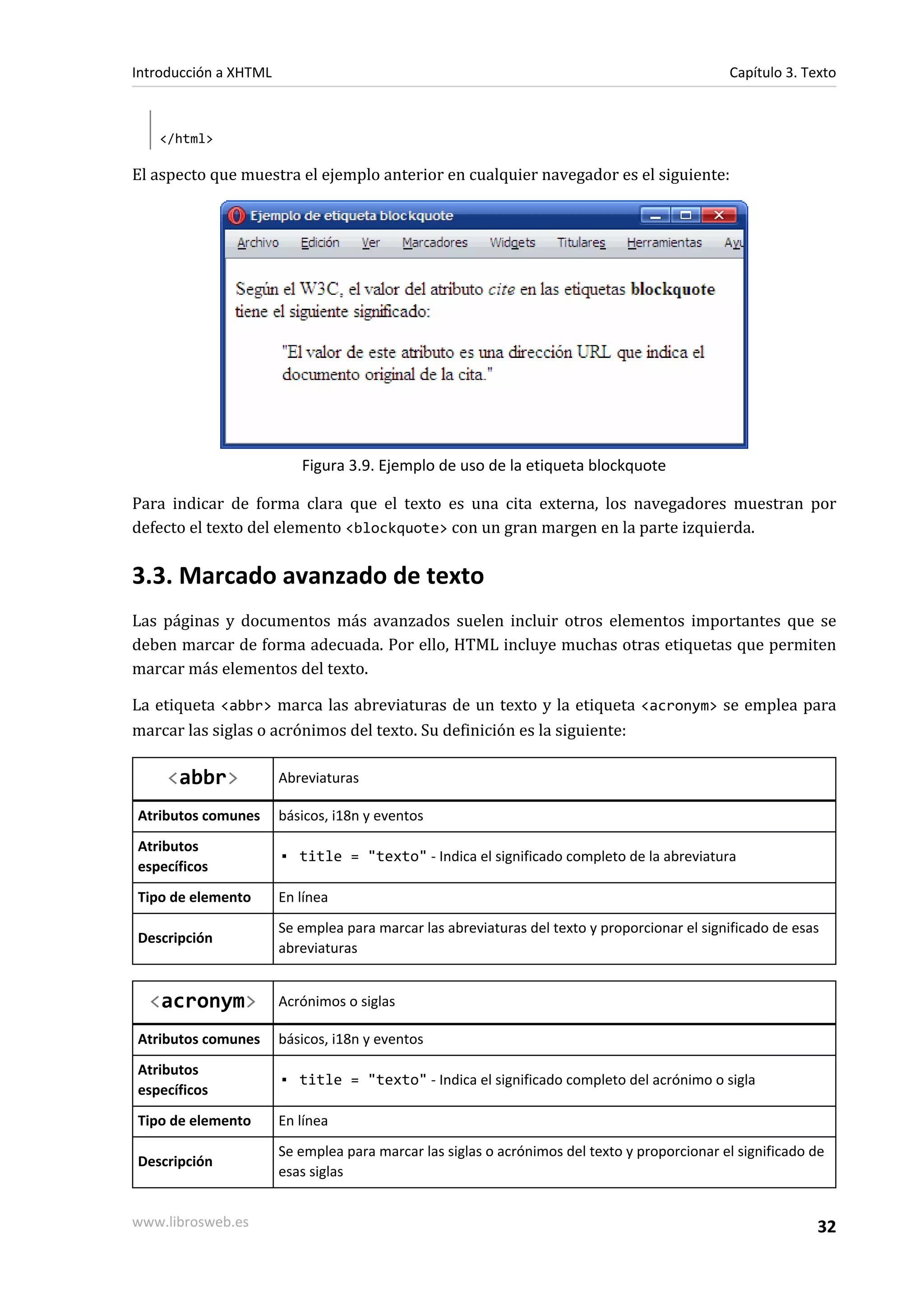 Introducción a XHTML                                                                          Capítulo 3. Texto



   </html>

El aspecto que muestra el ejemplo anterior en cualquier navegador es el siguiente:




                          Figura 3.9. Ejemplo de uso de la etiqueta blockquote

Para indicar de forma clara que el texto es una cita externa, los navegadores muestran por
defecto el texto del elemento <blockquote> con un gran margen en la parte izquierda.

3.3. Marcado avanzado de texto
Las páginas y documentos más avanzados suelen incluir otros elementos importantes que se
deben marcar de forma adecuada. Por ello, HTML incluye muchas otras etiquetas que permiten
marcar más elementos del texto.

La etiqueta <abbr> marca las abreviaturas de un texto y la etiqueta <acronym> se emplea para
marcar las siglas o acrónimos del texto. Su definición es la siguiente:

     <abbr>            Abreviaturas

Atributos comunes      básicos, i18n y eventos
Atributos
                       ▪ title = "texto" - Indica el significado completo de la abreviatura
específicos
Tipo de elemento       En línea
                       Se emplea para marcar las abreviaturas del texto y proporcionar el significado de esas
Descripción
                       abreviaturas


  <acronym>            Acrónimos o siglas

Atributos comunes      básicos, i18n y eventos
Atributos
                       ▪ title = "texto" - Indica el significado completo del acrónimo o sigla
específicos
Tipo de elemento       En línea
                       Se emplea para marcar las siglas o acrónimos del texto y proporcionar el significado de
Descripción
                       esas siglas


www.librosweb.es                                                                                            32
 