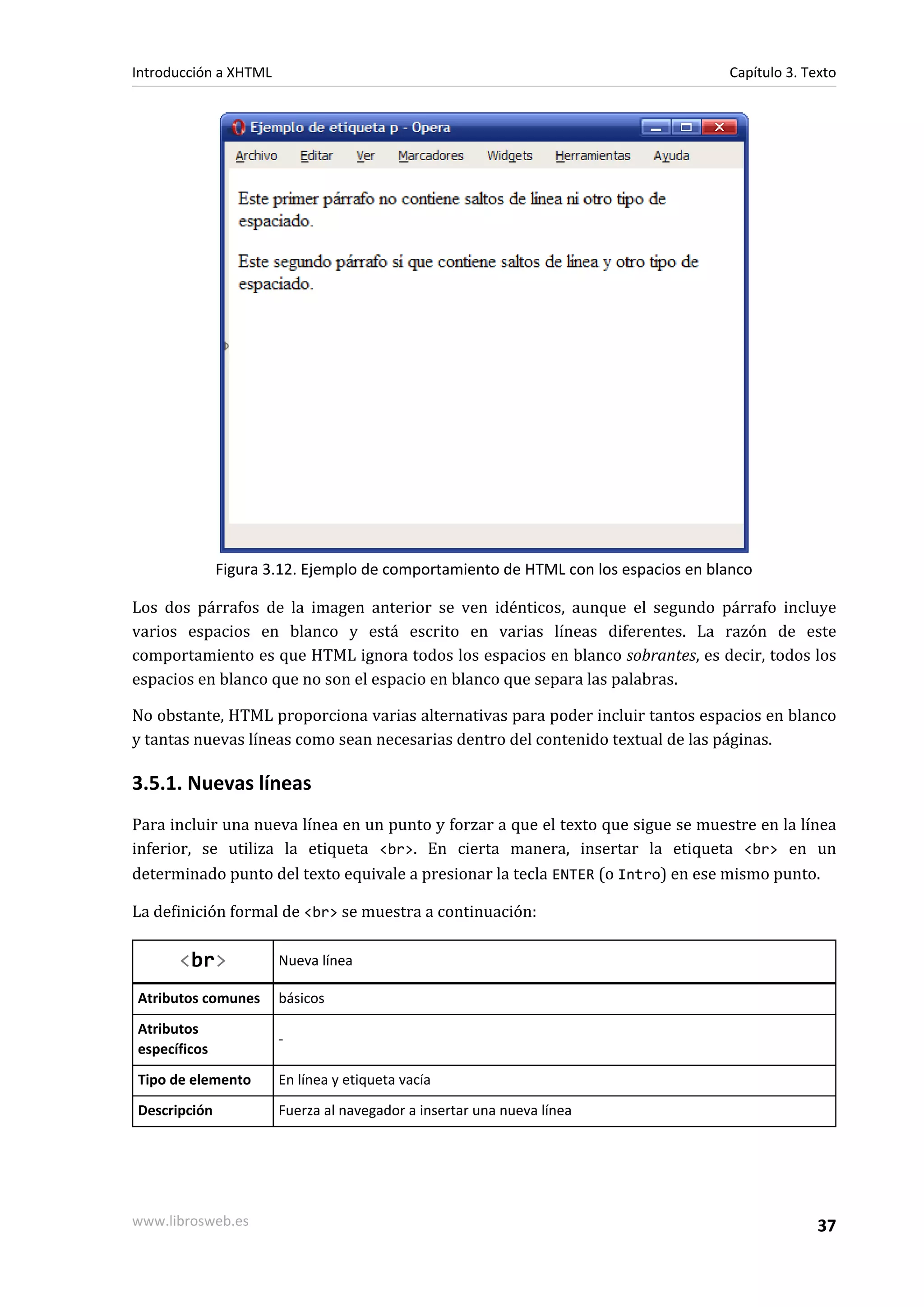 Introducción a XHTML                                                               Capítulo 3. Texto




              Figura 3.12. Ejemplo de comportamiento de HTML con los espacios en blanco

Los dos párrafos de la imagen anterior se ven idénticos, aunque el segundo párrafo incluye
varios espacios en blanco y está escrito en varias líneas diferentes. La razón de este
comportamiento es que HTML ignora todos los espacios en blanco sobrantes, es decir, todos los
espacios en blanco que no son el espacio en blanco que separa las palabras.

No obstante, HTML proporciona varias alternativas para poder incluir tantos espacios en blanco
y tantas nuevas líneas como sean necesarias dentro del contenido textual de las páginas.

3.5.1. Nuevas líneas
Para incluir una nueva línea en un punto y forzar a que el texto que sigue se muestre en la línea
inferior, se utiliza la etiqueta <br>. En cierta manera, insertar la etiqueta <br> en un
determinado punto del texto equivale a presionar la tecla ENTER (o Intro) en ese mismo punto.

La definición formal de <br> se muestra a continuación:

      <br>             Nueva línea

Atributos comunes      básicos
Atributos
                       -
específicos
Tipo de elemento       En línea y etiqueta vacía
Descripción            Fuerza al navegador a insertar una nueva línea




www.librosweb.es                                                                                 37
 