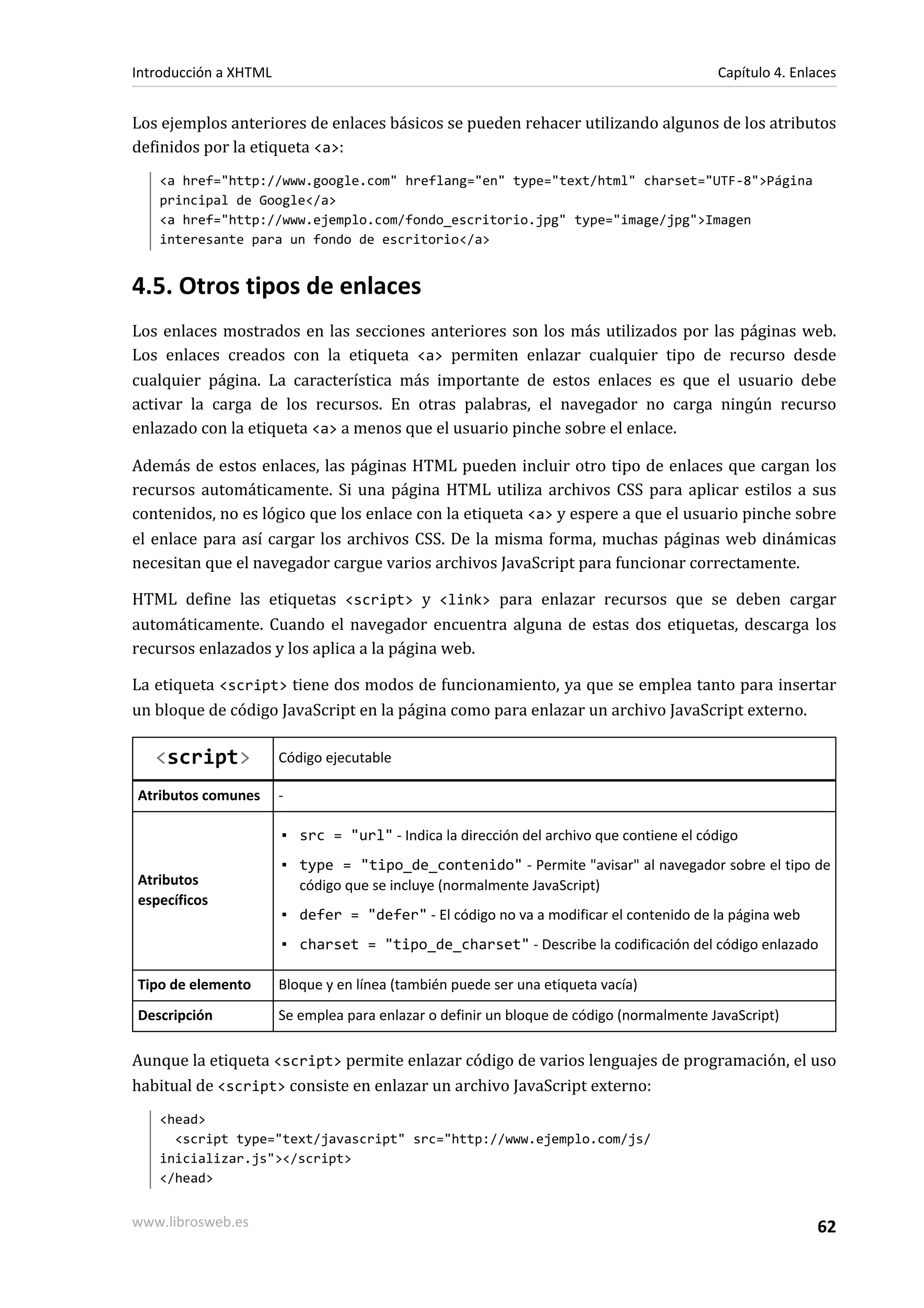 Introducción a XHTML                                                                      Capítulo 4. Enlaces


Los ejemplos anteriores de enlaces básicos se pueden rehacer utilizando algunos de los atributos
definidos por la etiqueta <a>:
   <a href="http://www.google.com" hreflang="en" type="text/html" charset="UTF-8">Página
   principal de Google</a>
   <a href="http://www.ejemplo.com/fondo_escritorio.jpg" type="image/jpg">Imagen
   interesante para un fondo de escritorio</a>


4.5. Otros tipos de enlaces
Los enlaces mostrados en las secciones anteriores son los más utilizados por las páginas web.
Los enlaces creados con la etiqueta <a> permiten enlazar cualquier tipo de recurso desde
cualquier página. La característica más importante de estos enlaces es que el usuario debe
activar la carga de los recursos. En otras palabras, el navegador no carga ningún recurso
enlazado con la etiqueta <a> a menos que el usuario pinche sobre el enlace.

Además de estos enlaces, las páginas HTML pueden incluir otro tipo de enlaces que cargan los
recursos automáticamente. Si una página HTML utiliza archivos CSS para aplicar estilos a sus
contenidos, no es lógico que los enlace con la etiqueta <a> y espere a que el usuario pinche sobre
el enlace para así cargar los archivos CSS. De la misma forma, muchas páginas web dinámicas
necesitan que el navegador cargue varios archivos JavaScript para funcionar correctamente.

HTML define las etiquetas <script> y <link> para enlazar recursos que se deben cargar
automáticamente. Cuando el navegador encuentra alguna de estas dos etiquetas, descarga los
recursos enlazados y los aplica a la página web.

La etiqueta <script> tiene dos modos de funcionamiento, ya que se emplea tanto para insertar
un bloque de código JavaScript en la página como para enlazar un archivo JavaScript externo.

   <script>            Código ejecutable

Atributos comunes      -

                       ▪ src = "url" - Indica la dirección del archivo que contiene el código
                       ▪ type = "tipo_de_contenido" - Permite "avisar" al navegador sobre el tipo de
Atributos                código que se incluye (normalmente JavaScript)
específicos
                       ▪ defer = "defer" - El código no va a modificar el contenido de la página web
                       ▪ charset = "tipo_de_charset" - Describe la codificación del código enlazado

Tipo de elemento       Bloque y en línea (también puede ser una etiqueta vacía)
Descripción            Se emplea para enlazar o definir un bloque de código (normalmente JavaScript)

Aunque la etiqueta <script> permite enlazar código de varios lenguajes de programación, el uso
habitual de <script> consiste en enlazar un archivo JavaScript externo:
   <head>
     <script type="text/javascript" src="http://www.ejemplo.com/js/
   inicializar.js"></script>
   </head>


www.librosweb.es                                                                                         62
 