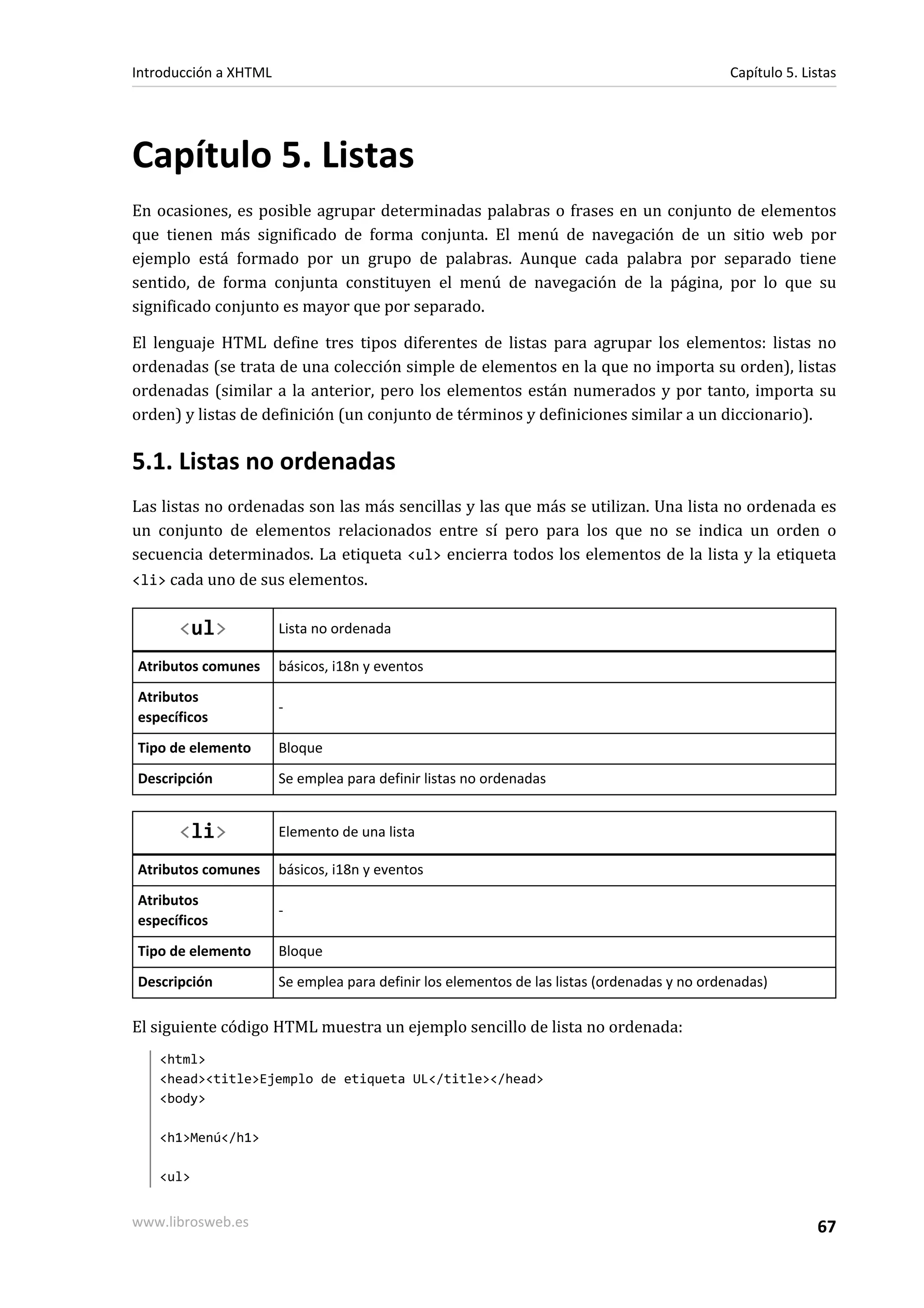 Introducción a XHTML                                                                          Capítulo 5. Listas




Capítulo 5. Listas
En ocasiones, es posible agrupar determinadas palabras o frases en un conjunto de elementos
que tienen más significado de forma conjunta. El menú de navegación de un sitio web por
ejemplo está formado por un grupo de palabras. Aunque cada palabra por separado tiene
sentido, de forma conjunta constituyen el menú de navegación de la página, por lo que su
significado conjunto es mayor que por separado.

El lenguaje HTML define tres tipos diferentes de listas para agrupar los elementos: listas no
ordenadas (se trata de una colección simple de elementos en la que no importa su orden), listas
ordenadas (similar a la anterior, pero los elementos están numerados y por tanto, importa su
orden) y listas de definición (un conjunto de términos y definiciones similar a un diccionario).

5.1. Listas no ordenadas
Las listas no ordenadas son las más sencillas y las que más se utilizan. Una lista no ordenada es
un conjunto de elementos relacionados entre sí pero para los que no se indica un orden o
secuencia determinados. La etiqueta <ul> encierra todos los elementos de la lista y la etiqueta
<li> cada uno de sus elementos.


      <ul>             Lista no ordenada

Atributos comunes      básicos, i18n y eventos
Atributos
                       -
específicos
Tipo de elemento       Bloque
Descripción            Se emplea para definir listas no ordenadas


      <li>             Elemento de una lista

Atributos comunes      básicos, i18n y eventos
Atributos
                       -
específicos
Tipo de elemento       Bloque
Descripción            Se emplea para definir los elementos de las listas (ordenadas y no ordenadas)

El siguiente código HTML muestra un ejemplo sencillo de lista no ordenada:
   <html>
   <head><title>Ejemplo de etiqueta UL</title></head>
   <body>

   <h1>Menú</h1>

   <ul>


www.librosweb.es                                                                                            67
 