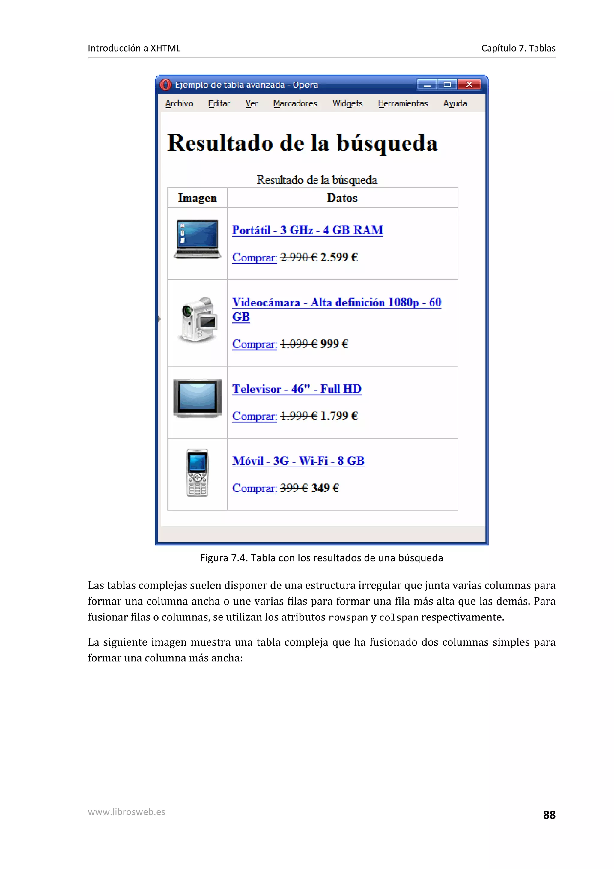 Introducción a XHTML                                                           Capítulo 7. Tablas




                       Figura 7.4. Tabla con los resultados de una búsqueda

Las tablas complejas suelen disponer de una estructura irregular que junta varias columnas para
formar una columna ancha o une varias filas para formar una fila más alta que las demás. Para
fusionar filas o columnas, se utilizan los atributos rowspan y colspan respectivamente.

La siguiente imagen muestra una tabla compleja que ha fusionado dos columnas simples para
formar una columna más ancha:




www.librosweb.es                                                                             88
 