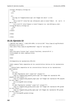 Capítulo 15. Ejercicios resueltos                                           Introducción a XHTML

    <strong>1.799 &euro;</strong></p>
        </td>
      </tr>

      <tr>
        <td><img src="imagenes/movil.png" alt="Imagen del móvil" /></td>
        <td>
           <h4><a href="#" title="Ver más información sobre el móvil">Móvil - 3G - Wi-Fi - 8
    GB</a></h4>
           <p><a href="#" title="Comprar el móvil">Comprar:</a> <del>399 &euro;</del>
    <strong>349 &euro;</strong></p>
        </td>
      </tr>
    </table>

    </body>

    </html>


15.13. Ejercicio 13
    <!DOCTYPE html PUBLIC "-//W3C//DTD XHTML 1.0 Strict//EN" "http://www.w3.org/TR/xhtml1/
    DTD/xhtml1-strict.dtd">
    <html xmlns="http://www.w3.org/1999/xhtml" lang="es" xml:lang="es">

    <head>
    <meta http-equiv="Content-Type" content="text/html; charset=UTF-8" />
    <title>Ejemplo de tabla compleja</title>
    </head>

    <body>

    <h3>Comparativa de reproductores MP3</h3>

    <table summary="Tabla comparativa de las características técnicas de los reproductores
    MP3">
      <caption>Tabla comparativa de las características técnicas de los reproductores
    MP3</caption>
      <tr>
        <th></th>
        <th abbr="Reproductor mini" scope="col" colspan="3">
           <img src="imagenes/mp3_pequeno_blanco.png" alt="Imagen del reproductor MP3
    pequeño de color blanco" />
           <img src="imagenes/mp3_pequeno_negro.png" alt="Imagen del reproductor MP3 pequeño
    de color negro" />
           <br/><strong>MP3 mini</strong>
        </th>
        <th abbr="Reproductor estándar" scope="col" colspan="2">
           <img src="imagenes/mp3_grande_blanco.png" alt="Imagen del reproductor MP3 grande
    de color blanco" />
           <img src="imagenes/mp3_grande_negro.png" alt="Imagen del reproductor MP3 grande
    de color negro" />
           <br/><strong>MP3 grande</strong>
        </th>
      </tr>


162                                                                            www.librosweb.es
 