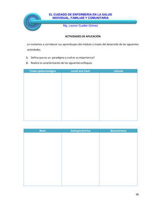 EL CUIDADO DE ENFERMERIA EN LA SALUD
INDIVIDUAL, FAMILIAR Y COMUNITARIA
Mg. Leonor Cuellar Gómez
38
ACTIVIDADES DE APLICACIÓN
Le invitamos a corroborar sus aprendizajes del módulo a través del desarrollo de las siguientes
actividades.
1. Defina que es un paradigma y cuál es su importancia?
2. Realice la caracterización de los siguientes enfoques
Triada epidemiológica Levell and Clark Lalonde
Blum Antropocéntrico Biocentrismo
 