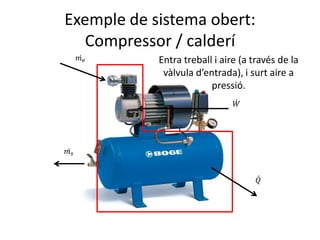Exemple de sistema obert:
Compressor / calderí
𝑚 𝑒
𝑚 𝑠
𝑄
𝑊
Entra treball i aire (a través de la
vàlvula d’entrada), i surt aire a
pressió.
 