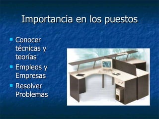 Importancia en los puestos Conocer técnicas y teorías Empleos y Empresas Resolver Problemas 