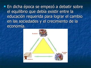 En dicha época se empezó a debatir sobre el equilibrio que debía existir entre la educación requerida para lograr el cambio en las sociedades y el crecimiento de la economía. 