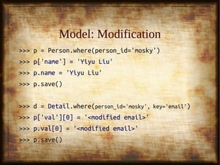 35
Model: Identify a RowModel: Identify a Row
class Person(PostgreSQL):class Person(PostgreSQL):
......
ident_by = ('person_id', )ident_by = ('person_id', )
 