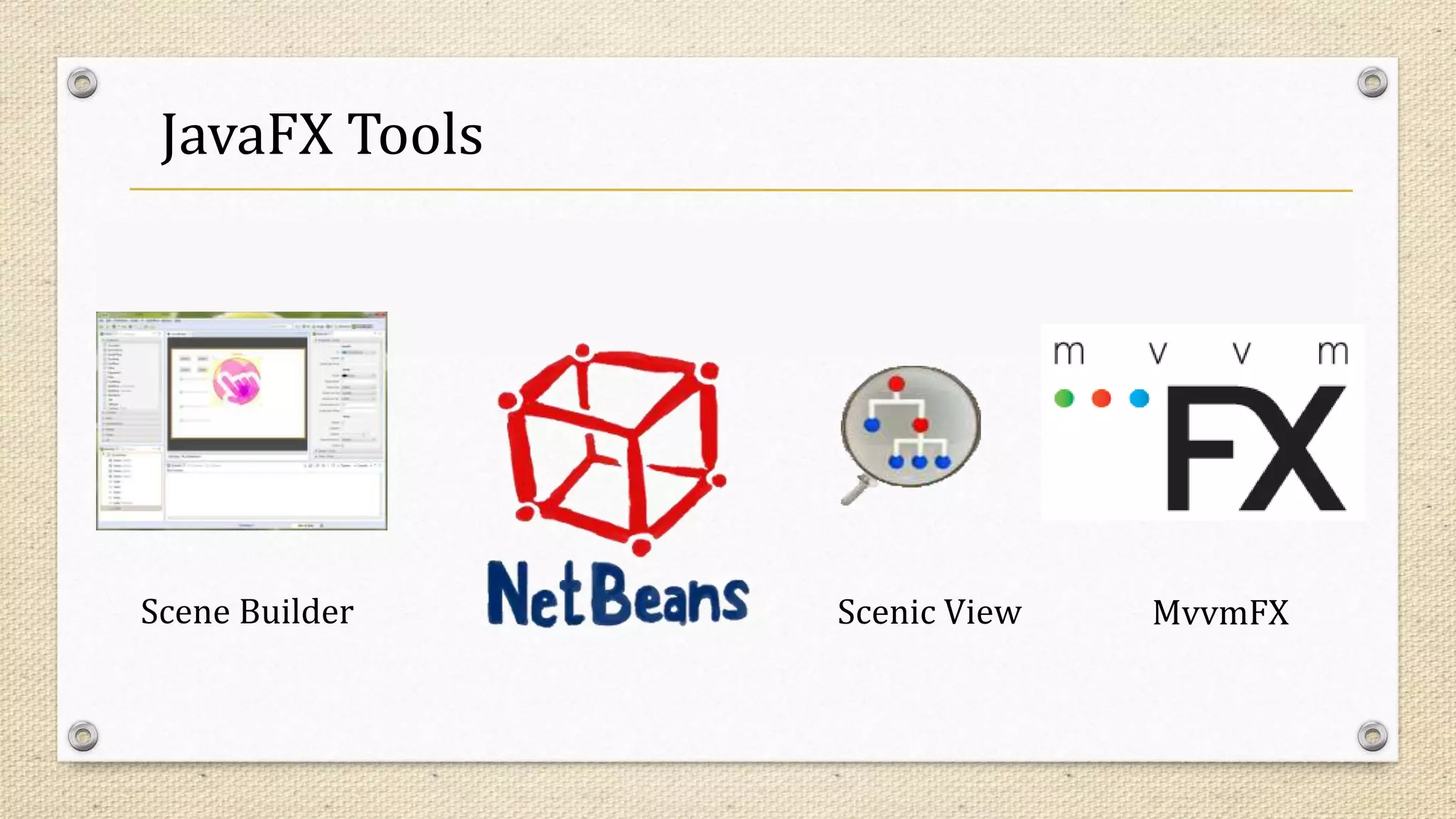 JavaFX Tools
Scene Builder Scenic View MvvmFX
 