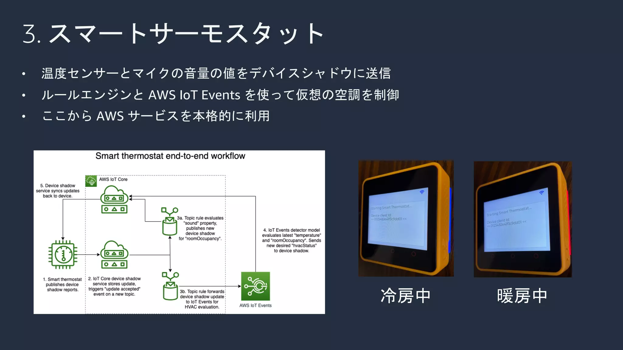 3. スマートサーモスタット
• 温度センサーとマイクの音量の値をデバイスシャドウに送信
• ルールエンジンと AWS IoT Events を使って仮想の空調を制御
• ここから AWS サービスを本格的に利用
 