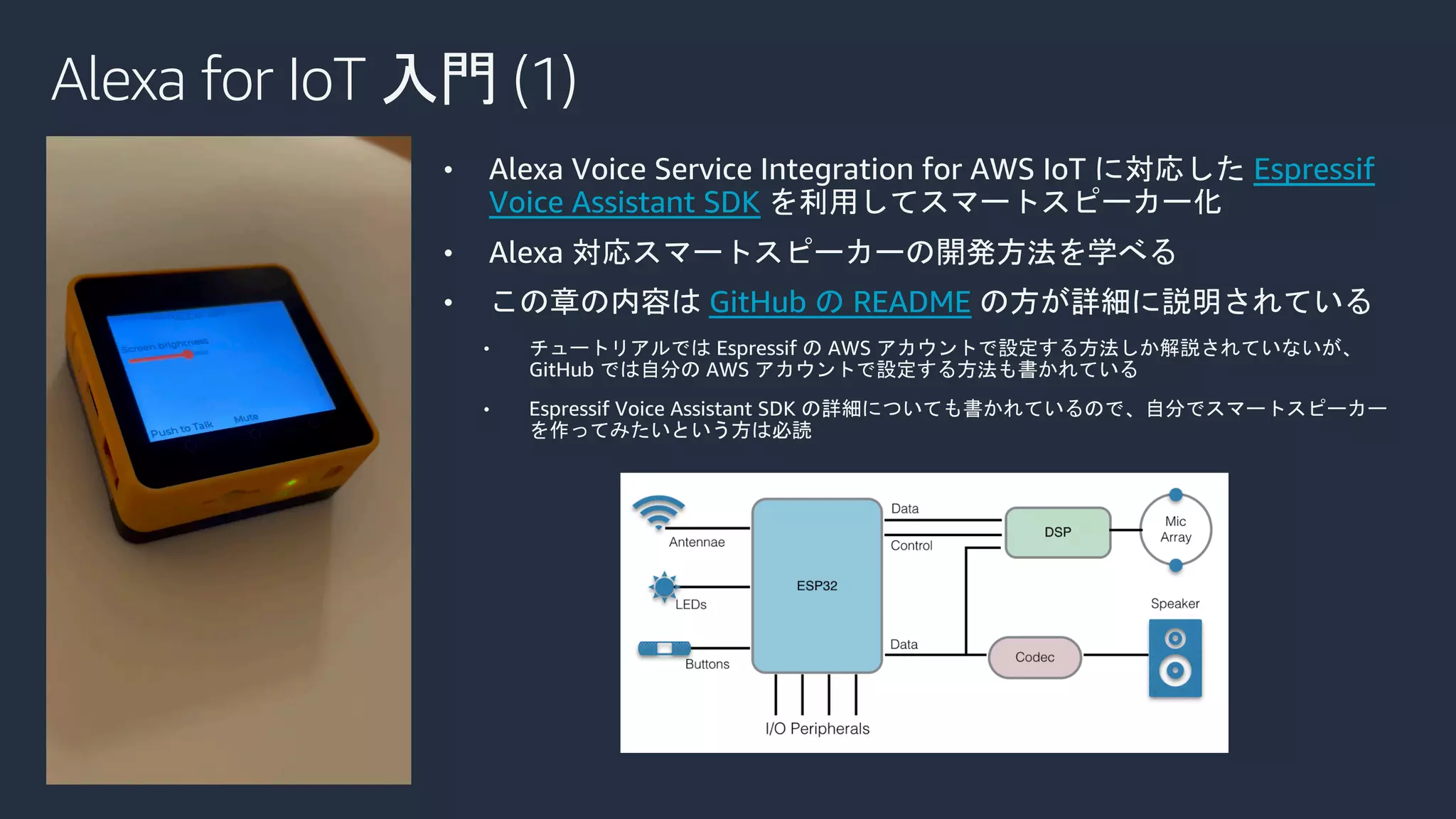 Alexa for IoT 入門 (1)
• Alexa Voice Service Integration for AWS IoT に対応した Espressif
Voice Assistant SDK を利用してスマートスピーカー化
• Alexa 対応スマートスピーカーの開発方法を学べる
• この章の内容は GitHub の README の方が詳細に説明されている
• チュートリアルでは Espressif の AWS アカウントで設定する方法しか解説されていないが、
GitHub では自分の AWS アカウントで設定する方法も書かれている
• Espressif Voice Assistant SDK の詳細についても書かれているので、自分でスマートスピーカー
を作ってみたいという方は必読
 