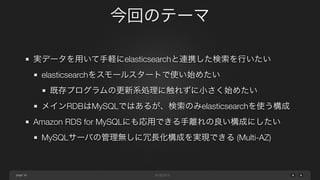 page
今回のテーマ
30
実データを用いて手軽にelasticsearchと連携した検索を行いたい
elasticsearchをスモールスタートで使い始めたい
既存プログラムの更新系処理に触れずに小さく始めたい
メインRDBはMySQLではあるが、検索のみelasticsearchを使う構成
Amazon RDS for MySQLにも応用できる手離れの良い構成にしたい
MySQLサーバの管理無しに冗長化構成を実現できる (Multi-AZ)
 