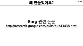 # 023
Borg 관련 논문
http://research.google.com/pubs/pub43438.html
 
