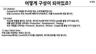 # 028
3.5 cAdvisor
Container의 자원을 모니터링 하는 소프트웨어입니다.
단일 Container 또는 Pods에 대해 모니터링하고, 이를 Kubelet에 전달 합니다.
3.6 Label
Pods에 이름을 붙이는 것으로, 하나의 Pod에 여러 가지의 Label을 붙일 수가 있습니다.
예를 들면 환경을 나타내는 ‘Production’, ‘Development’, ‘Staging’
또는 역할을 나타내는 ‘Frontend’, ‘Backend’, ‘Worker’, ‘Logger’를 붙일 수가 있습니다.
3. Key / Value Store
키와 값을 저장하는 저장소 입니다.
Kubernetes에서는 CoreOS의 ETCD를 사용하며, 여기에 정보를 저장 합니다.
 