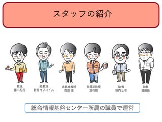 スタッフの紹介
総合情報基盤センター所属の職員で運営
AKIRA
YUTANI
MA
SA
TO
SH
I
KAKIUCHI
M
KAZUTOSHI
FUJIKAWA
教授
藤川和利
准教授
新井イスマイル
助教
垣内正年
客員准教授
油谷曉
...