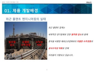 플랜트 구조엔지니어링 통합 시스템
01. 제품 개발배경
발주량
감소
치열한
수주경쟁
수익성
악화
최근 플랜트 엔지니어링의 실태
최근 플랜트 업계는
세계적인 경기침체로 인한 발주량 감소와 함께
중국을 비롯한 해외신규업체와의 치열한 수주경쟁과
공사수익성 악화로 인해
어려움이 가중되고 있습니다.
3
 