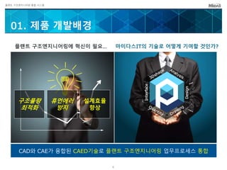 플랜트 구조엔지니어링 통합 시스템
01. 제품 개발배경
발주량
감소
치열한
수주경쟁
수익성
악화
구조물량
최적화
휴먼에러
방지
설계효율
향상
CAD와 CAE가 융합된 CAED기술로 플랜트 구조엔지니어링 업무프로세스 통합
4
?
Design
Interface
마이다스IT의 기술로 어떻게 기여할 것인가?플랜트 구조엔지니어링에 혁신이 필요…
 