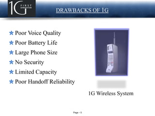 Page 5
LOGO DRAWBACKS OF 1G
Poor Voice Quality
Poor Battery Life
Large Phone Size
No Security
Limited Capacity
Poor Handoff Reliability
1G Wireless System
 