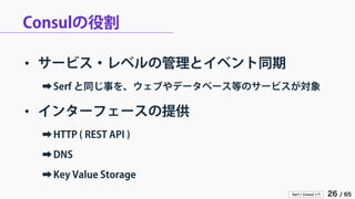 Serf / Consul 入門 26 / 65 
Consulの役割 
• 
サービス・レベルの管理とイベント同期 
➡ 
Serf と同じ事を、ウェブやデータベース等のサービスが対象 
• 
インターフェースの提供 
➡ 
HTTP ( REST API ) 
➡ 
DNS 
➡ 
Key Value Storage  