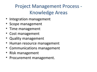 Project Management Process - Knowledge Areas Integration management Scope management Time management Cost management Quality management Human resource management Communications management Risk management Procurement management. 