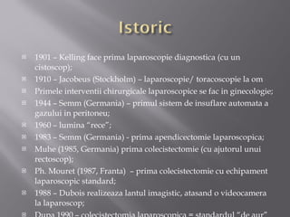 1901 – Kelling face prima laparoscopie diagnostica (cu un cistoscop); 1910 – Jacobeus (Stockholm) – laparoscopie/ toracoscopie la om Primele interventii chirurgicale laparoscopice se fac in ginecologie; 1944 – Semm (Germania) – primul sistem de insuflare automata a gazului in peritoneu; 1960 – lumina  “ rece ” ; 1983 – Semm (Germania) - prima apendicectomie laparoscopica; Muhe (1985, Germania) prima colecistectomie (cu ajutorul unui rectoscop); Ph. Mouret (1987, Franta)  – prima colecistectomie cu echipament laparoscopic standard; 1988 – Dubois realizeaza lantul imagistic, atasand o videocamera la laparoscop; Dupa 1990 – colecistectomia laparoscopica = standardul  “de aur” 