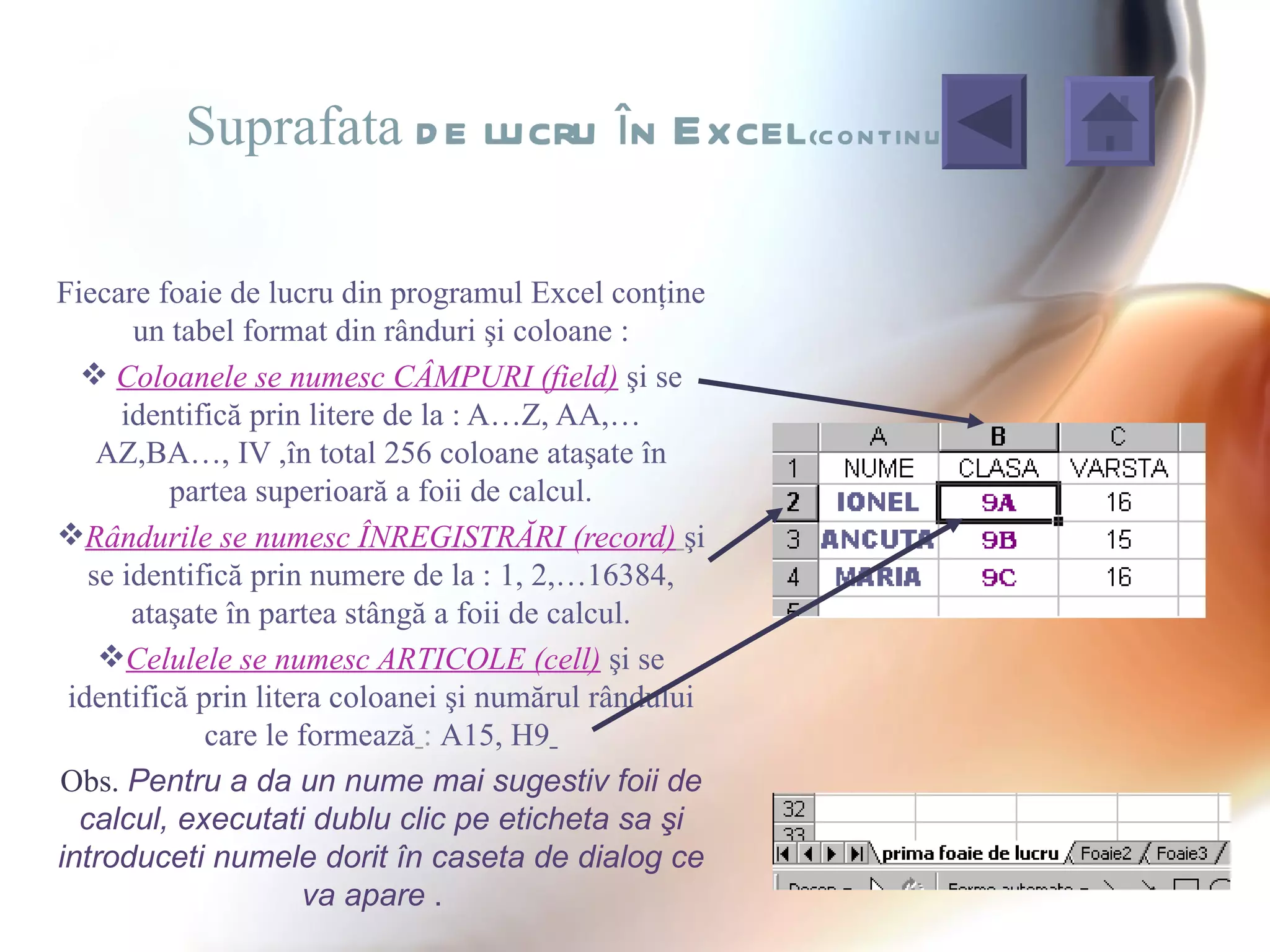 Suprafata d e lucru în Excel(C O N TIN U ARE)

Fiecare foaie de lucru din programul Excel conţine
       un tabel format din rânduri şi coloane :
   Coloanele se numesc CÂMPURI (field) şi se
      identifică prin litere de la : A…Z, AA,…
    AZ,BA…, IV ,în total 256 coloane ataşate în
          partea superioară a foii de calcul.
Rândurile se numesc ÎNREGISTRĂRI (record) şi
   se identifică prin numere de la : 1, 2,…16384,
       ataşate în partea stângă a foii de calcul.
    Celulele se numesc ARTICOLE (cell) şi se
 identifică prin litera coloanei şi numărul rândului
             care le formează : A15, H9
Obs. Pentru a da un nume mai sugestiv foii de
  calcul, executati dublu clic pe eticheta sa şi
introduceti numele dorit în caseta de dialog ce
                      va apare .
 