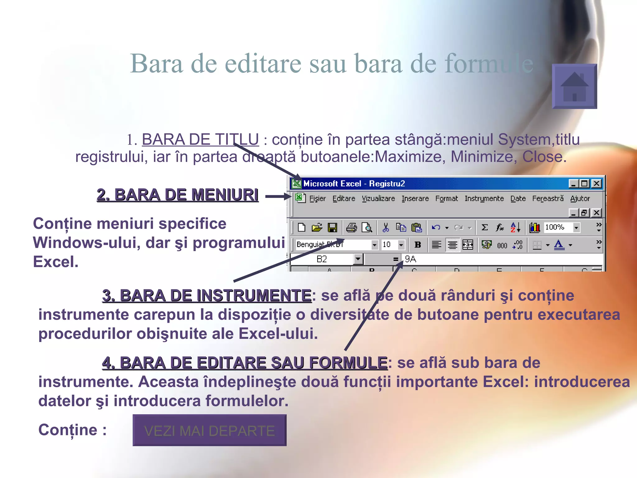 Bara de editare sau bara de formule

             1. BARA DE TITLU : conţine în partea stângă:meniul System,titlu
     registrului, iar în partea dreaptă butoanele:Maximize, Minimize, Close.

        2. BARA DE MENIURI
Conţine meniuri specifice
Windows-ului, dar şi programului
Excel.

        3. BARA DE INSTRUMENTE: se află pe două rânduri şi conţine
                     INSTRUMENTE
instrumente carepun la dispoziţie o diversitate de butoane pentru executarea
procedurilor obişnuite ale Excel-ului.
         4. BARA DE EDITARE SAU FORMULE: se află sub bara de
                                   FORMULE
instrumente. Aceasta îndeplineşte două funcţii importante Excel: introducerea
datelor şi introducera formulelor.
Conţine :     VEZI MAI DEPARTE
 