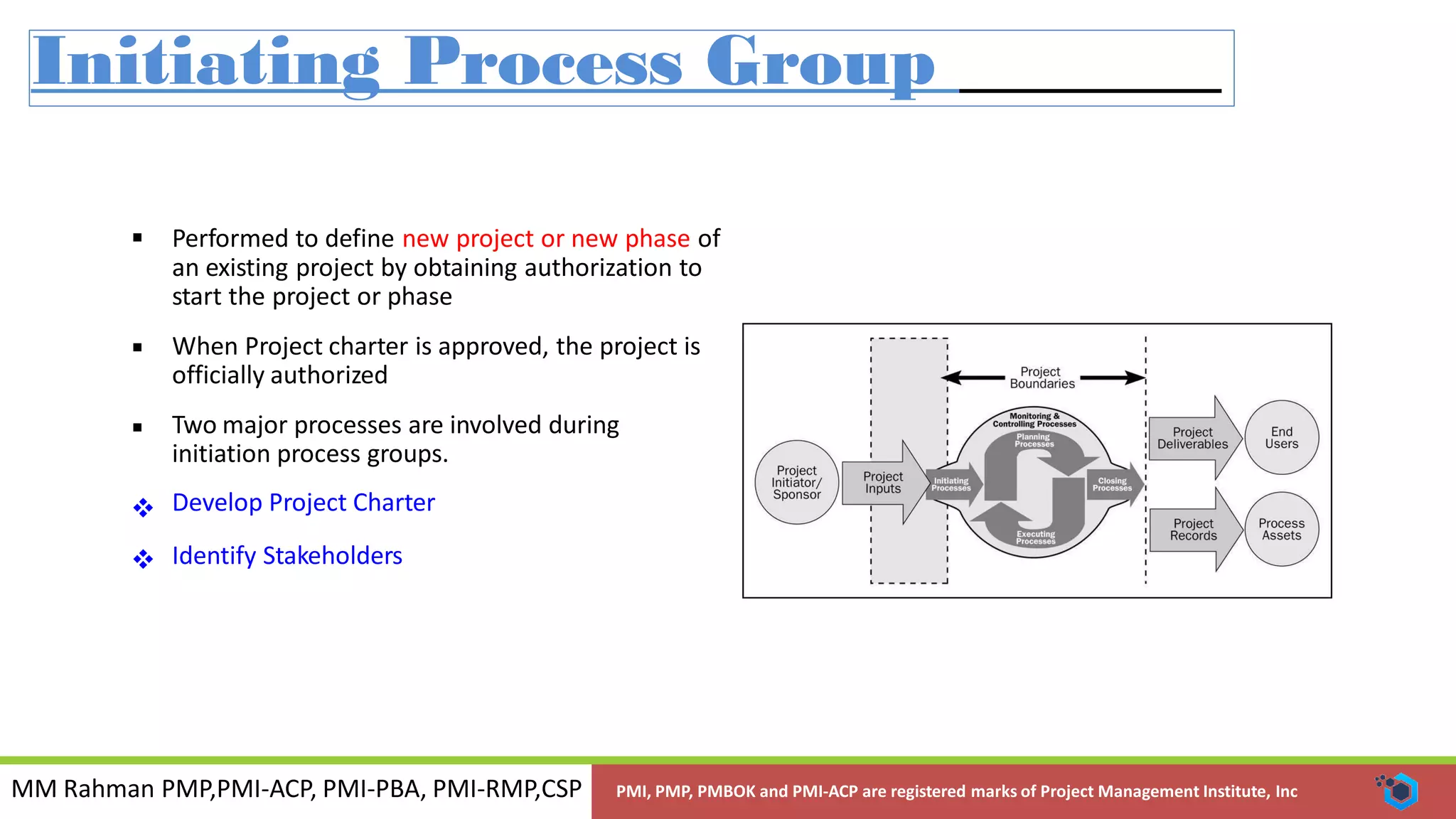 MM Rahman PMP,PMI-ACP, PMI-PBA, PMI-RMP,CSP PMI, PMP, PMBOK and PMI-ACP are registered marks of Project Management Institute, Inc
Initiating Process Group
 Performed to define new project or new phase of
an existing project by obtaining authorization to
start the project or phase
When Project charter is approved, the project is
officially authorized
Two major processes are involved during
initiation process groups.
Develop Project Charter
Identify Stakeholders




 
