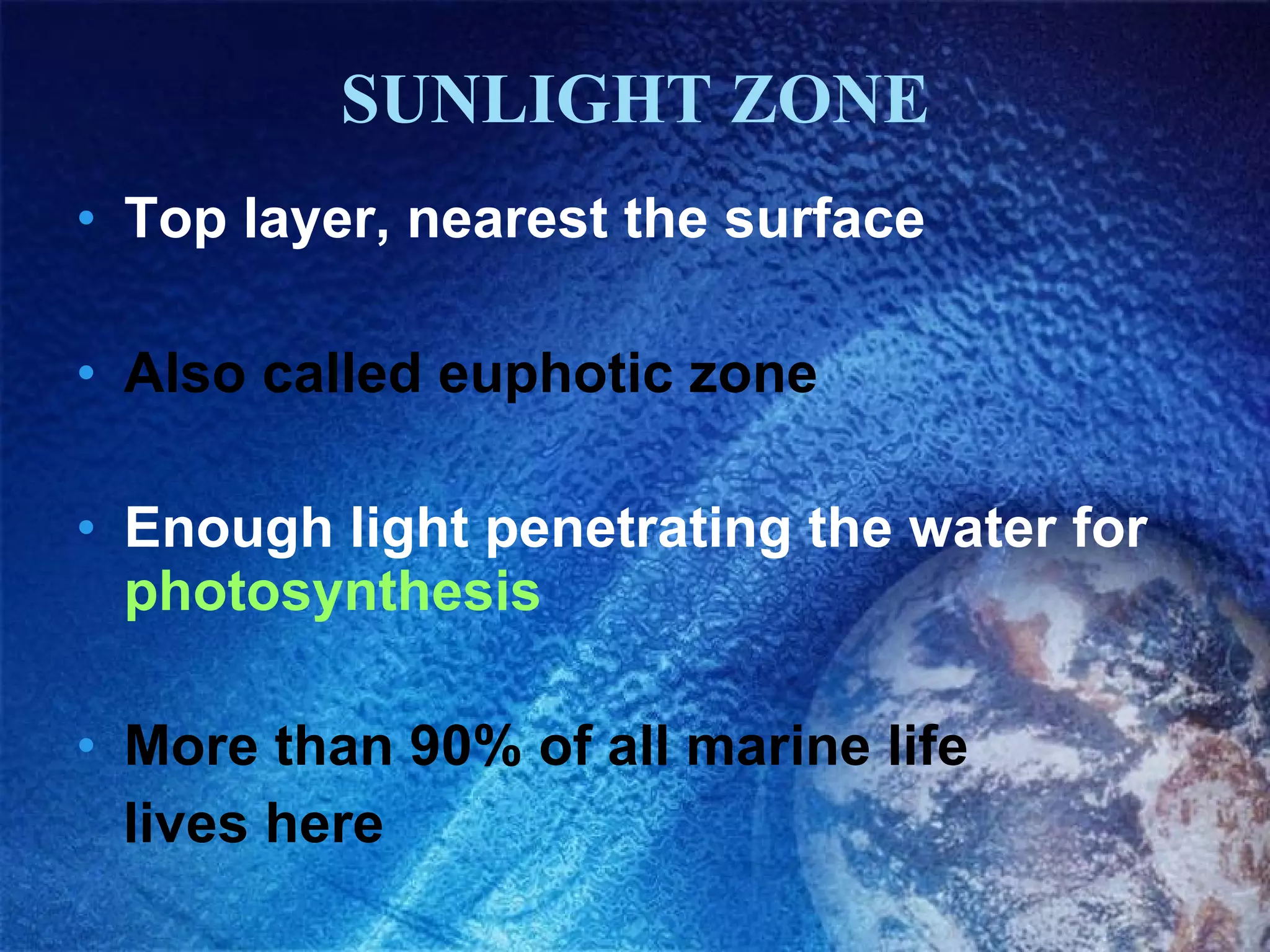 SUNLIGHT ZONE Top layer, nearest the surface Also called euphotic zone Enough light penetrating the water for photosynthesis More than 90% of all marine life lives here